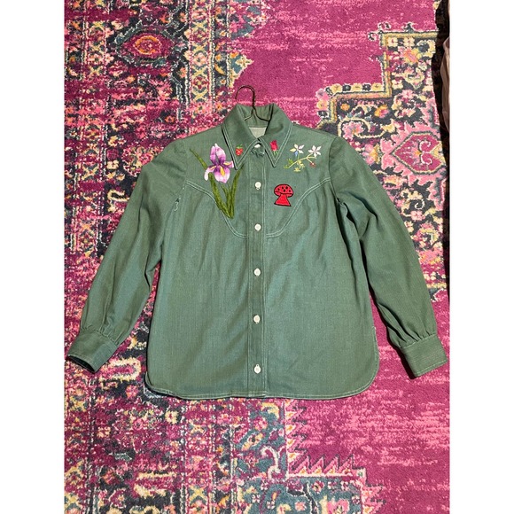 1960 Daggered collar Button Down Hand Embroidered *FLAWED* - Picture 1 of 7